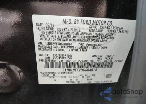 2013 Lincoln Mks z USA, uszkodzony, nr VIN 1LNHL9EK2DG604814